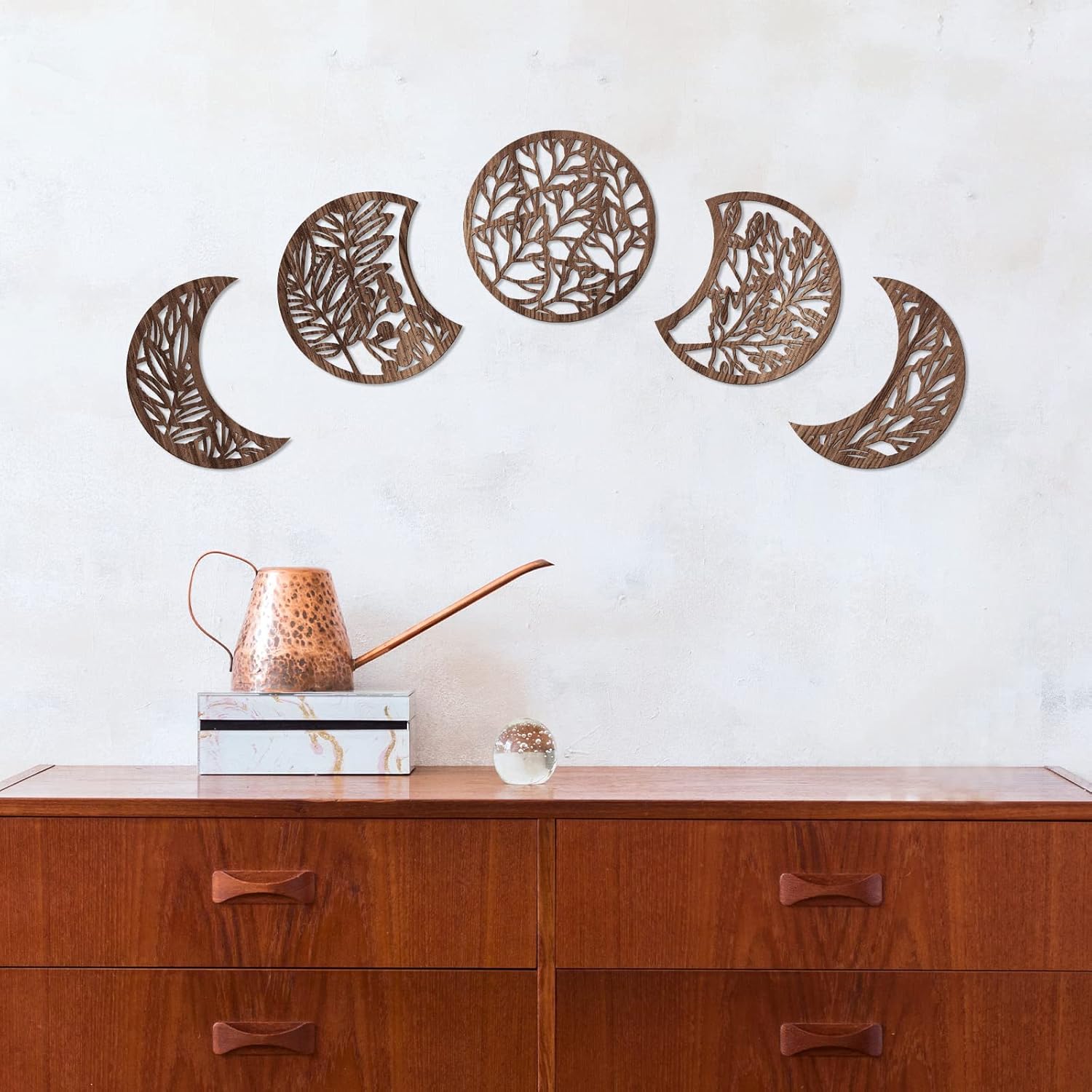 Jetec 5-Piece Wooden Moon Phase Wall Art Decor Set, Nordic Boho Lunar Aesthetic