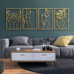 Glamativity 4-Pack Gold Minimalist Metal Line Art: Elegant Woman Body Wall Decor