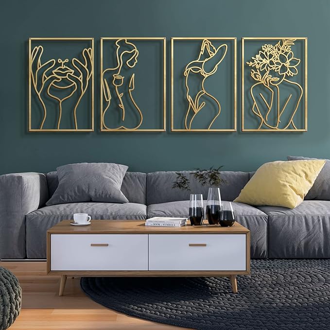 Glamativity 4-Pack Gold Minimalist Metal Line Art: Elegant Woman Body Wall Decor