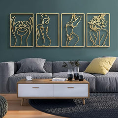 Glamativity 4-Pack Gold Minimalist Metal Line Art: Elegant Woman Body Wall Decor