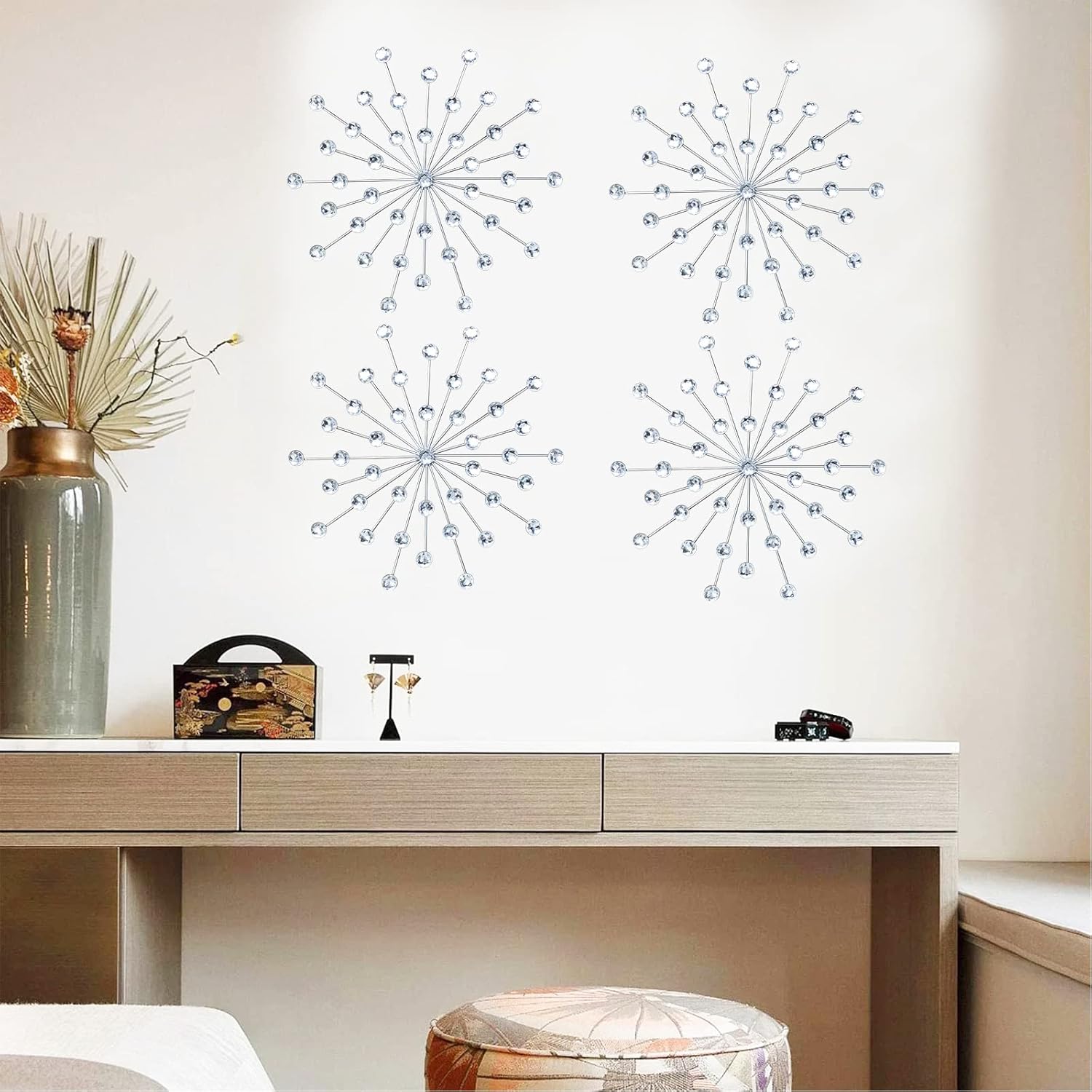Dazzling Silver Crystal Sunburst Wall Art Decor Set - 3-Pack Metal Jeweled Bling