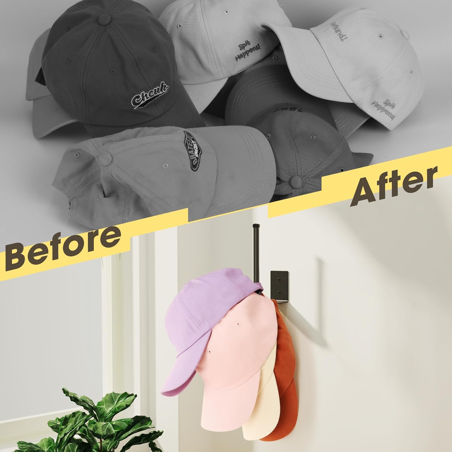 2-Pack Stainless Steel Baseball Cap Organizer Rack - Adhesive or Drill Mount