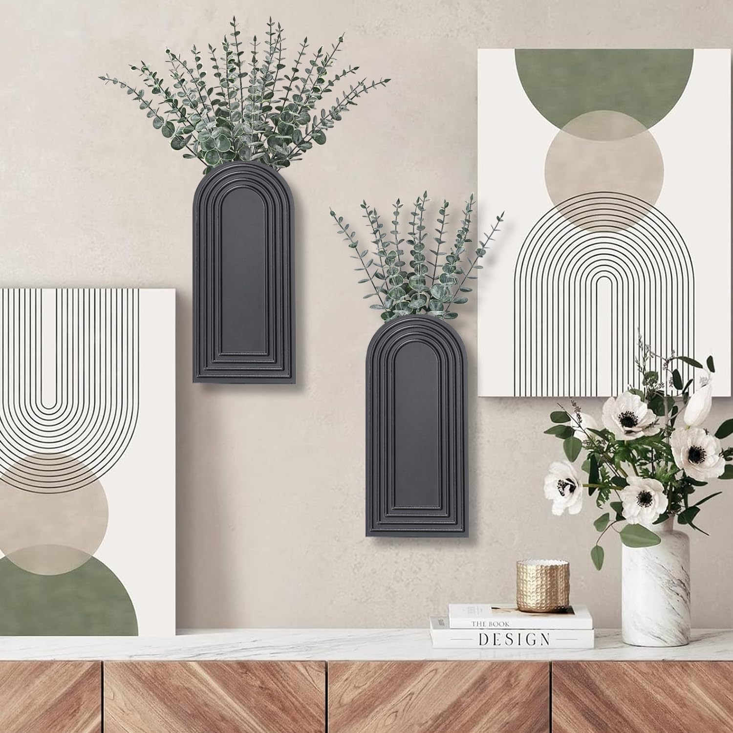 2-Pack Black Wooden Wall Vase Set Modern Farmhouse Boho Home Decor