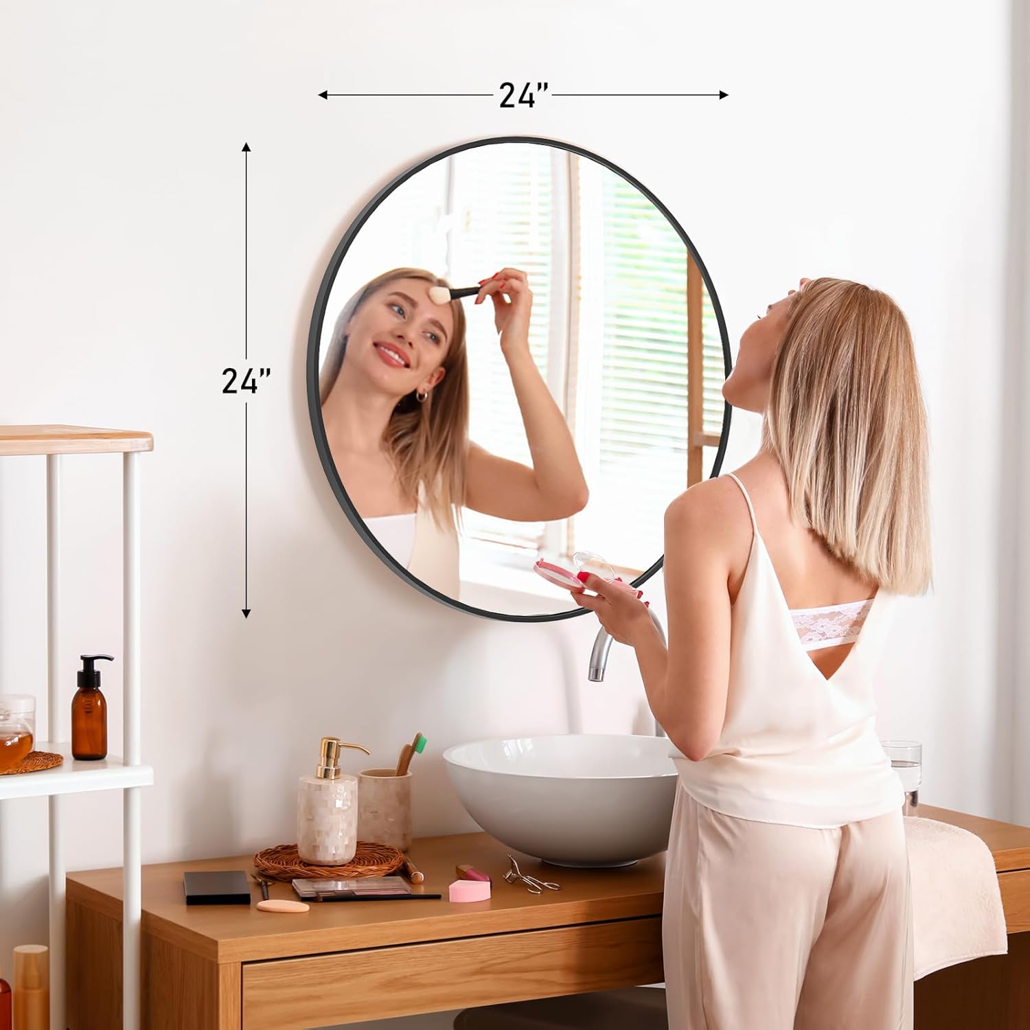 Sweetcrispy 24-Inch Round Black Wall Mirror for Bathroom, Entryway, Bedroom