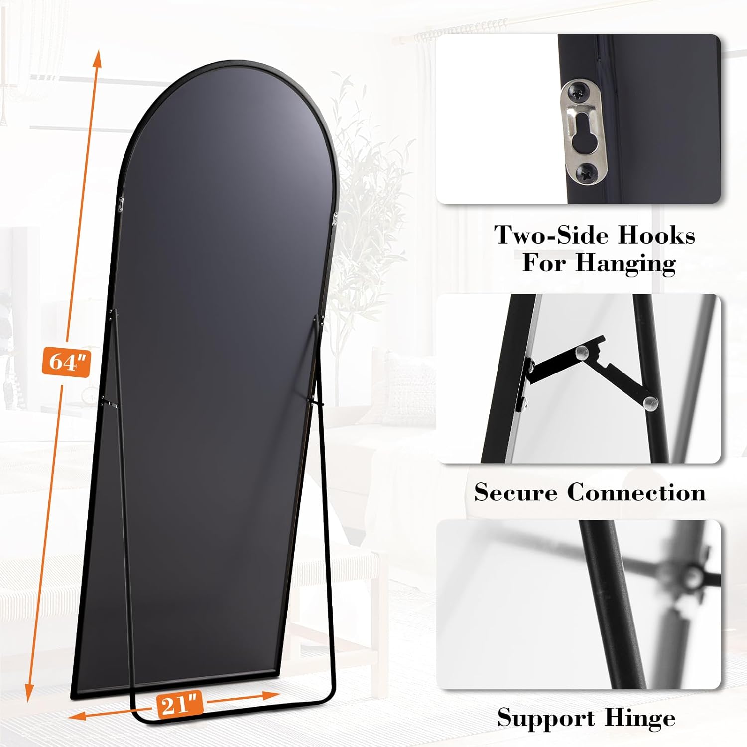 DUMOS 64x21 Arched Full-Length Mirror, Floor/Wall Mount, Shatterproof Glass