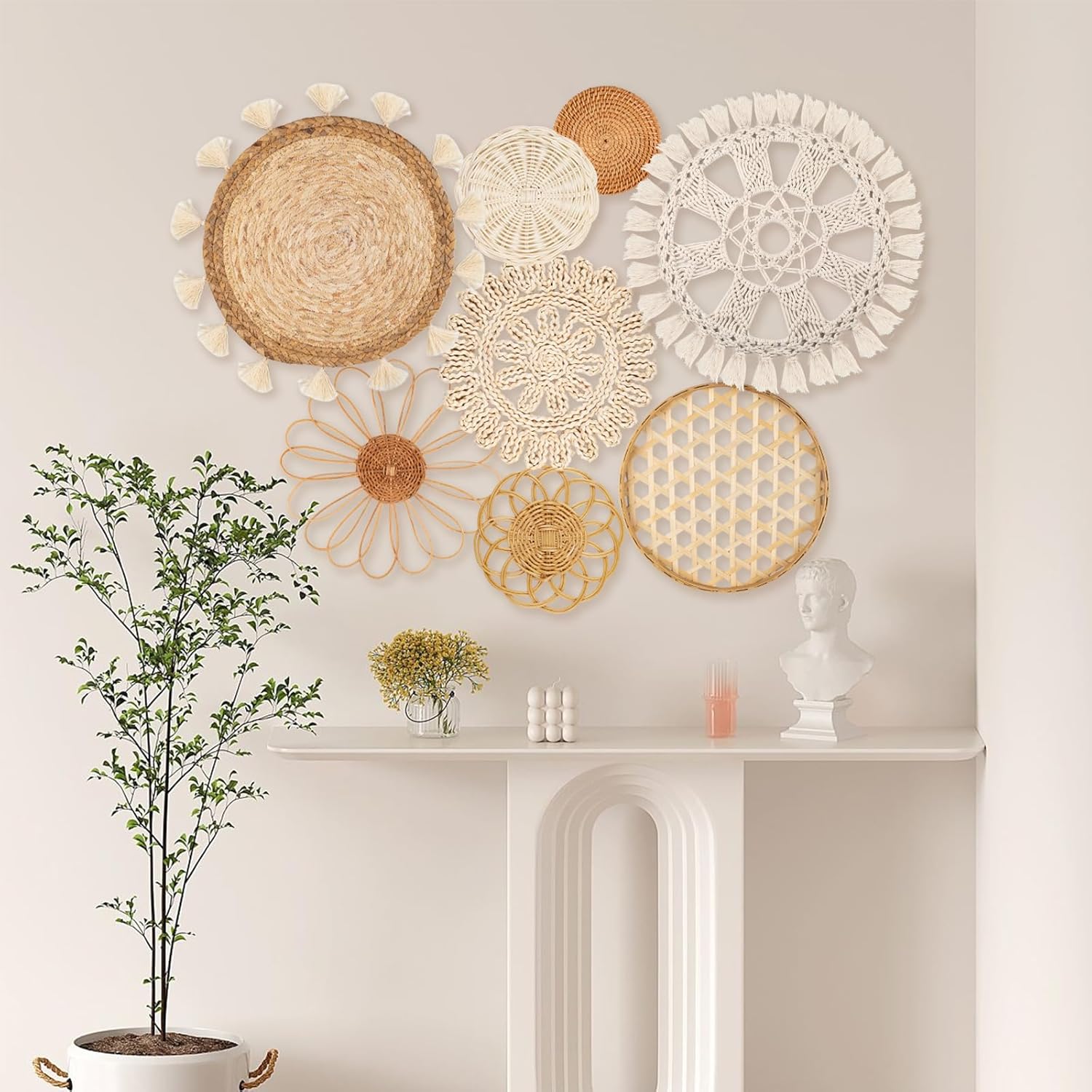 8-Piece Boho Woven Wall Basket Decor Set with Macrame Tassels - Rattan Seagrass Art
