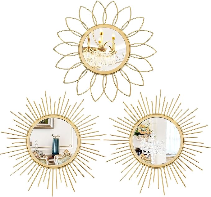 3-Pack Gold Sunburst Metal Wall Mirrors for Living Room Entryway Decor