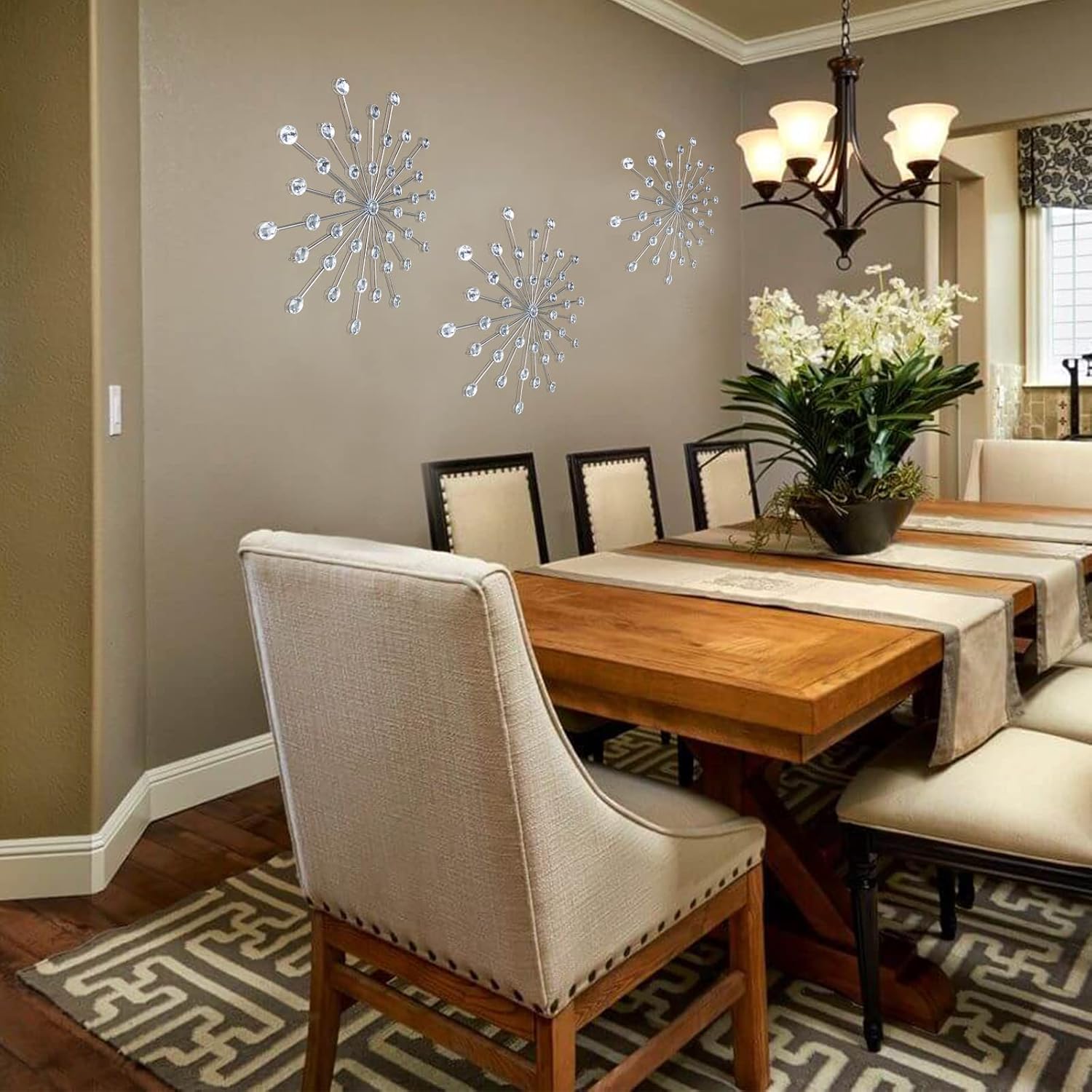 Dazzling Silver Crystal Sunburst Wall Art Decor Set - 3-Pack Metal Jeweled Bling