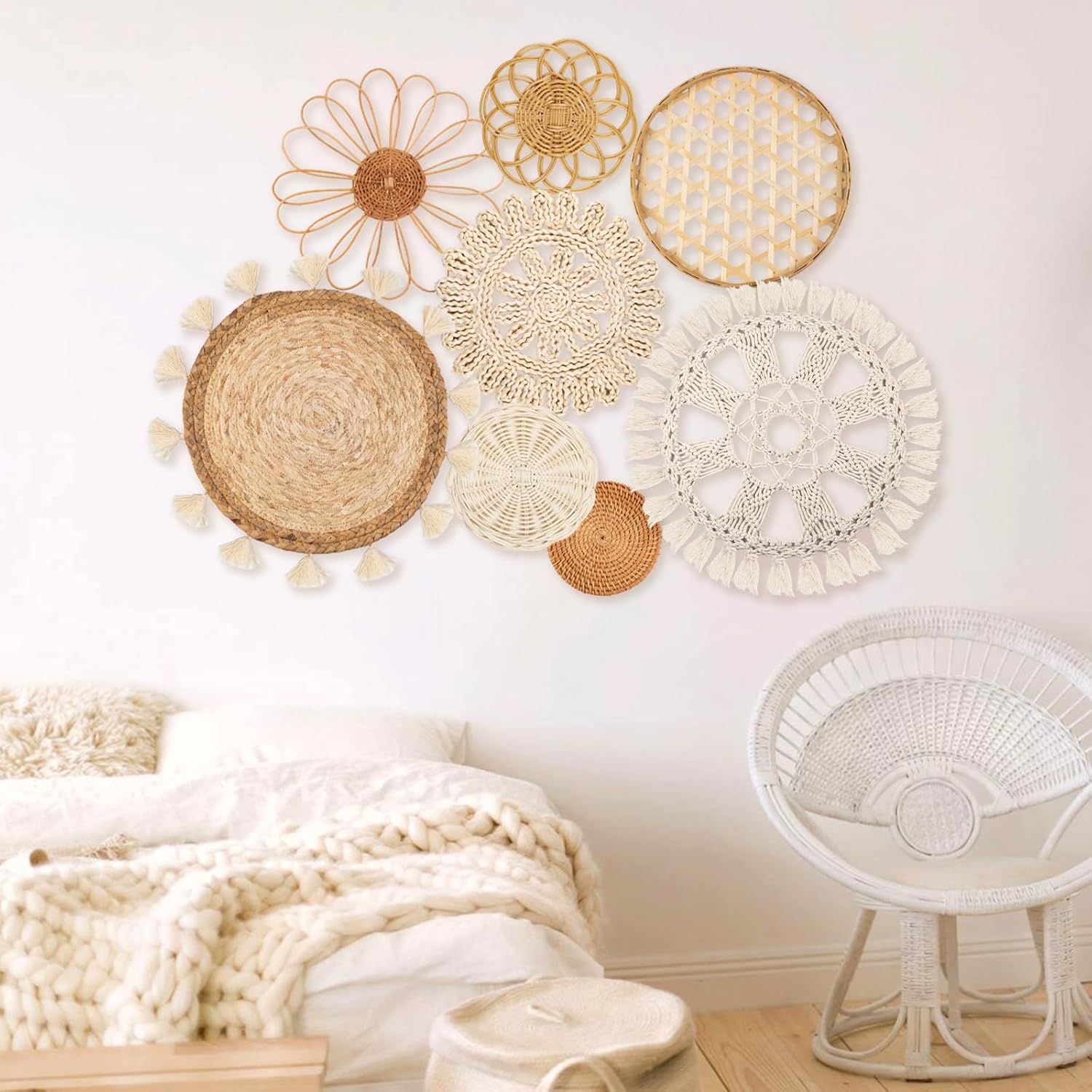 8-Piece Boho Woven Wall Basket Decor Set with Macrame Tassels - Rattan Seagrass Art