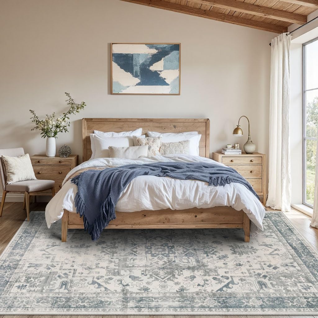 Rugxara Vintage Boho Washable Area Rug 5x7, Light Blue Grey, Non-Slip, Low Pile