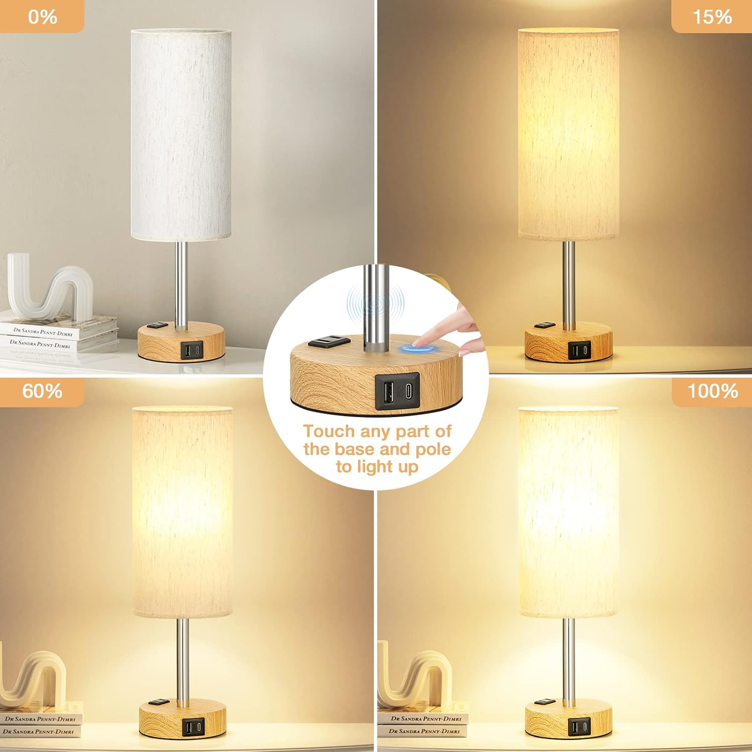 Smart Touch Dimmable Bedside Lamp with USB-C, AC Outlet, LED Bulb