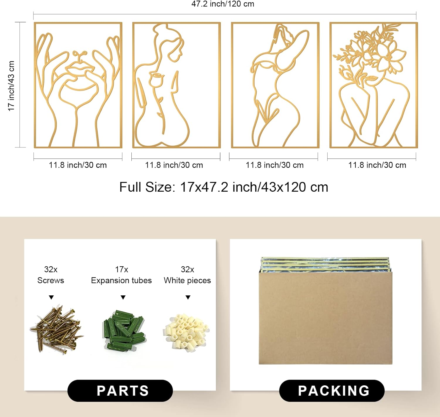 Glamativity 4-Pack Gold Minimalist Metal Line Art: Elegant Woman Body Wall Decor