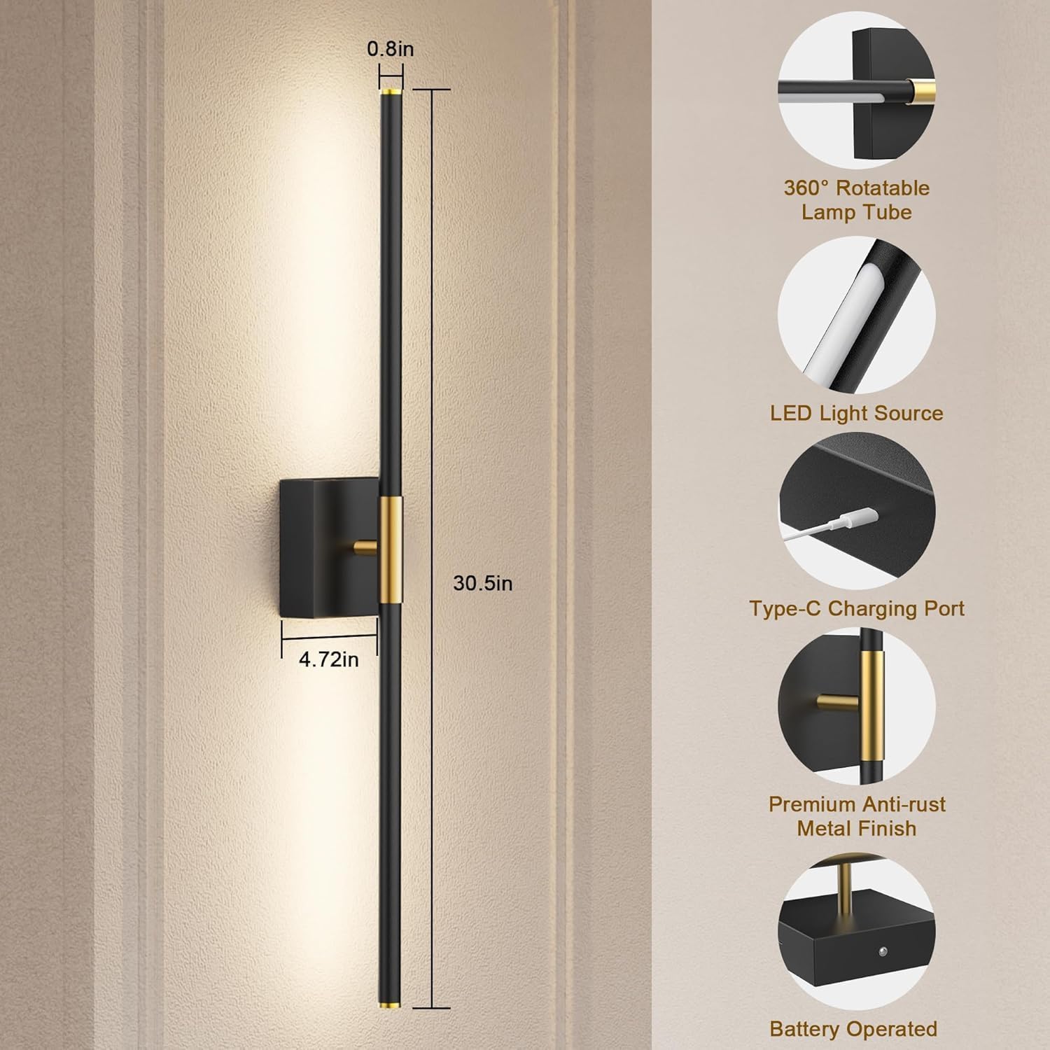 Wireless Rechargeable LED Wall Sconces Set, Dimmable Remote Control, 30-inch Black