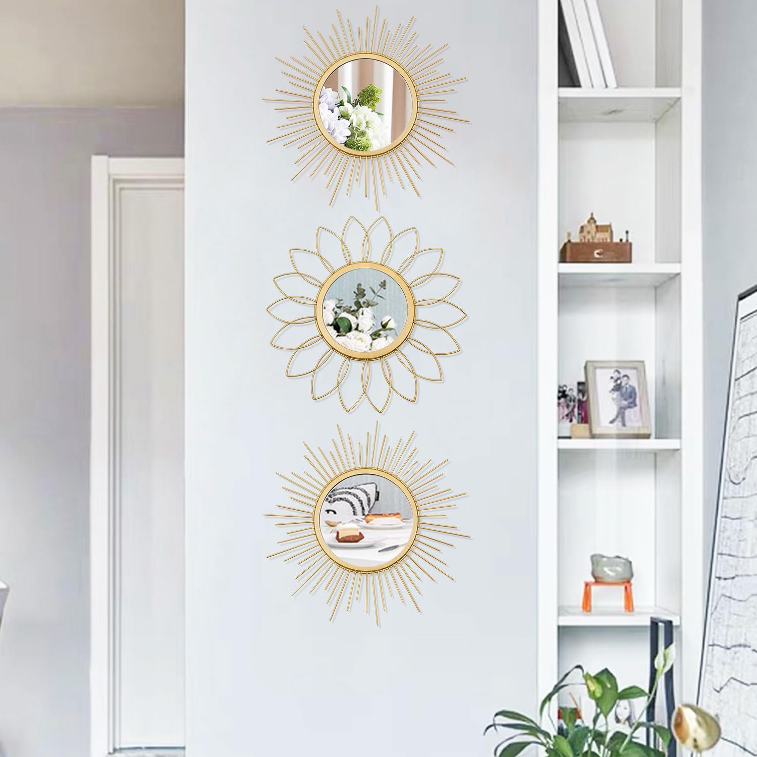 3-Pack Gold Sunburst Metal Wall Mirrors for Living Room Entryway Decor