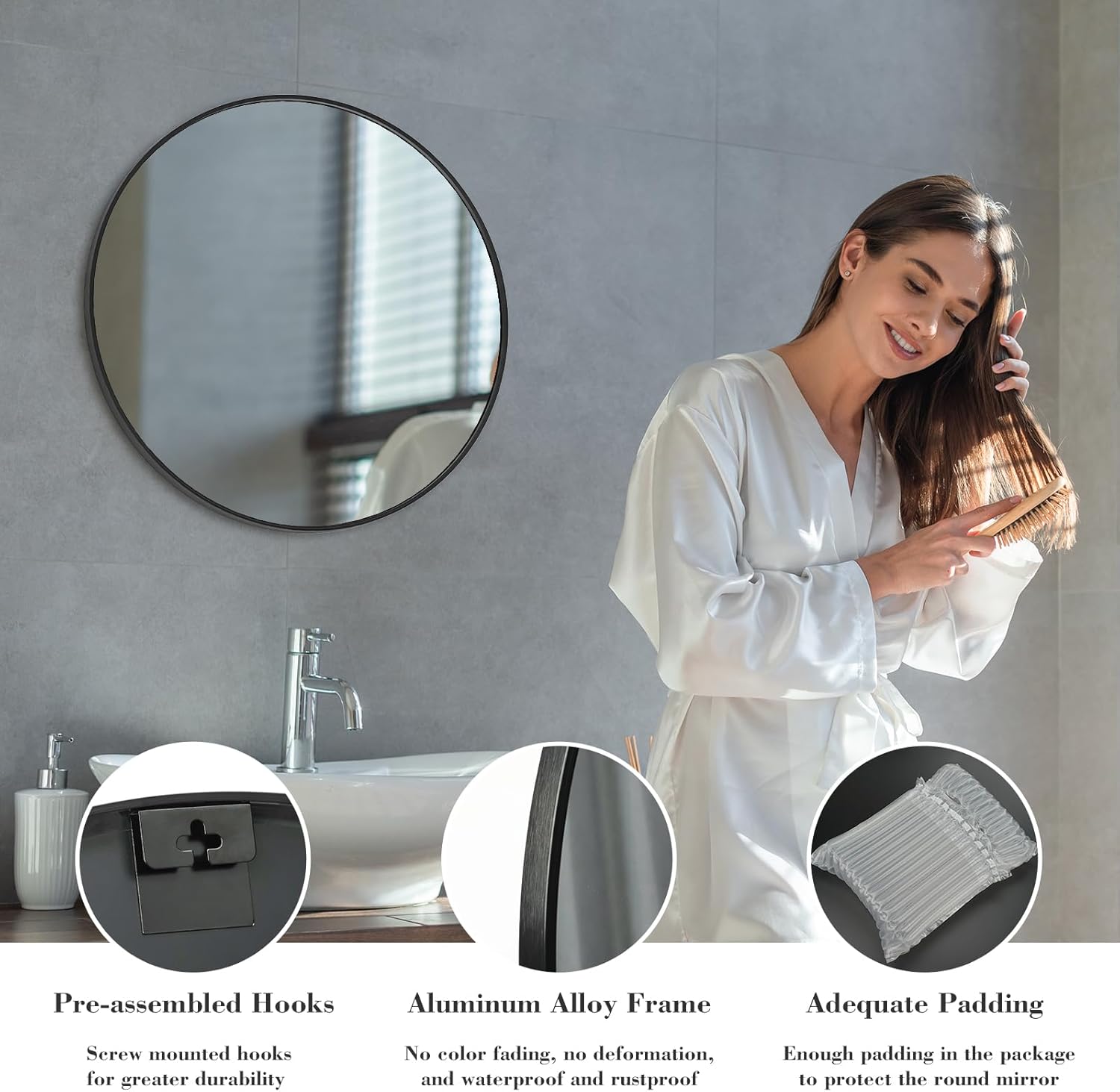 Sweetcrispy 24-Inch Round Black Wall Mirror for Bathroom, Entryway, Bedroom