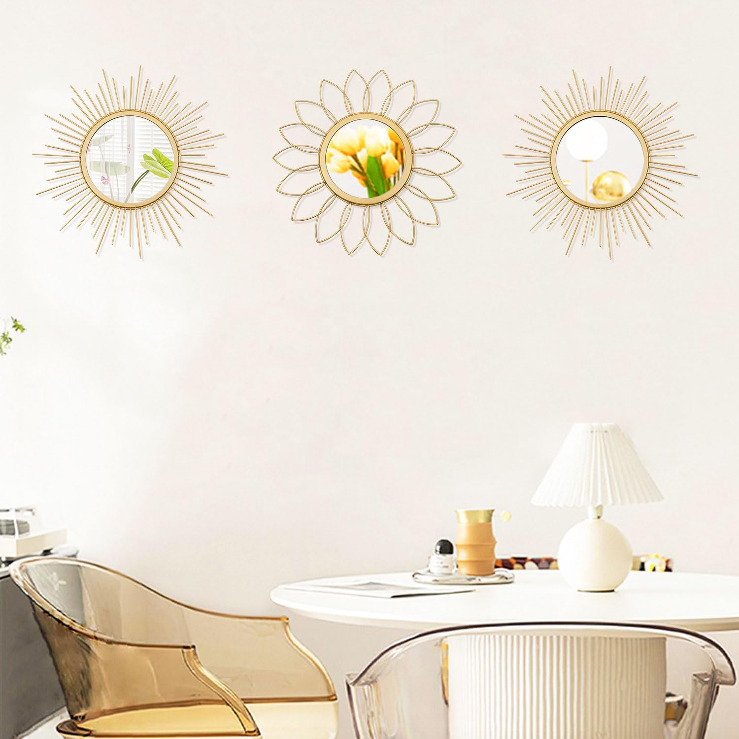 3-Pack Gold Sunburst Metal Wall Mirrors for Living Room Entryway Decor