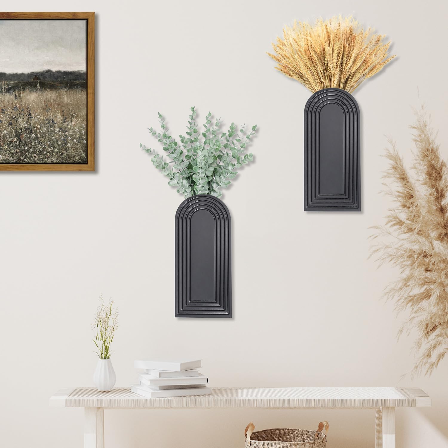 2-Pack Black Wooden Wall Vase Set Modern Farmhouse Boho Home Decor
