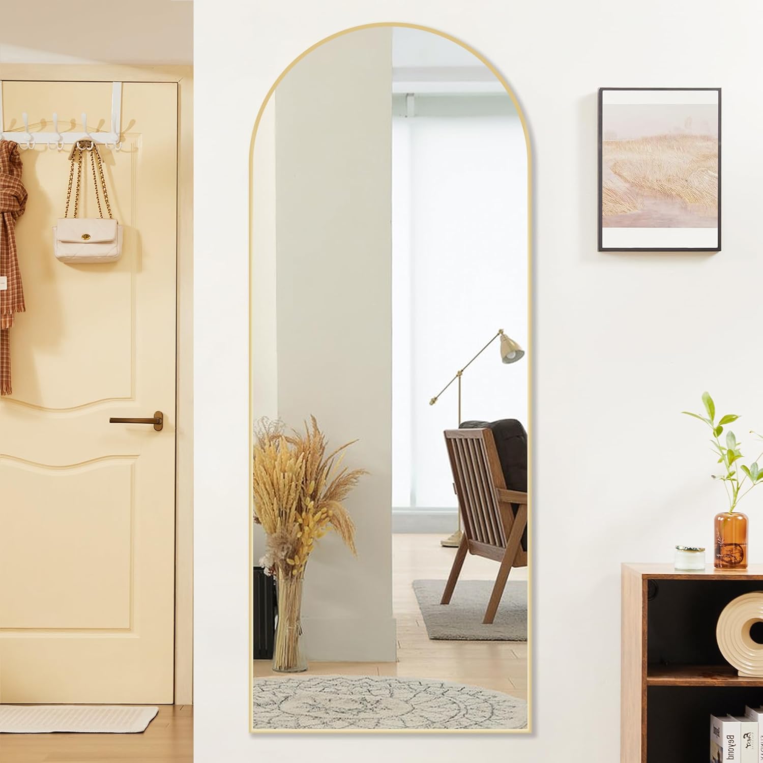 Sweetcrispy 64x21 Arched Full Length Standing/Leaning Body Mirror, Gold Aluminum Frame