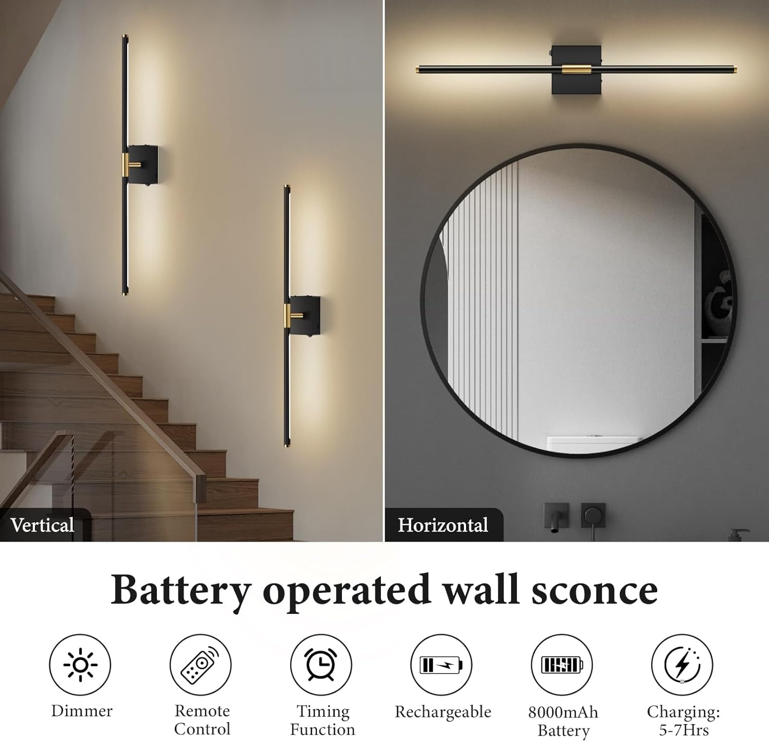 Wireless Rechargeable LED Wall Sconces Set, Dimmable Remote Control, 30-inch Black