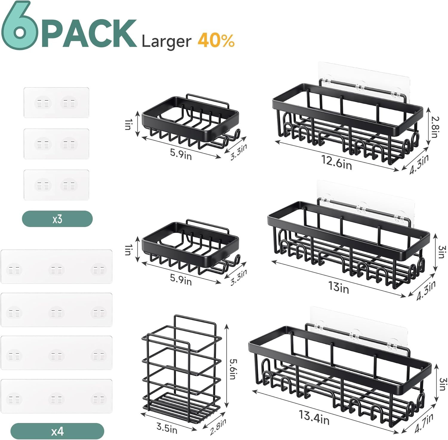 Veken 6-Pack Rustproof Adhesive Shower Caddy - No Drill Wall-Mounted Bathroom Organizer