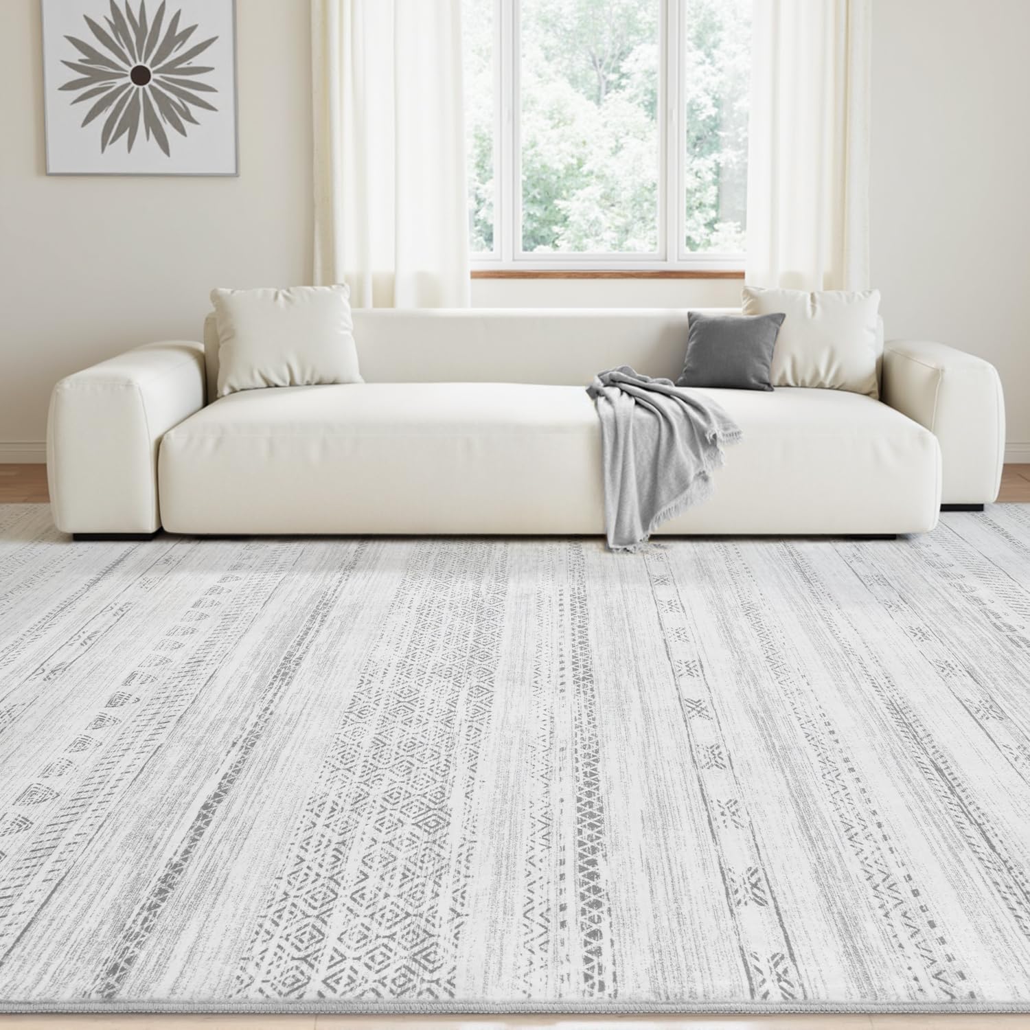 Ultra Soft Machine Washable Boho Living Room Area Rug 5x7 Grey
