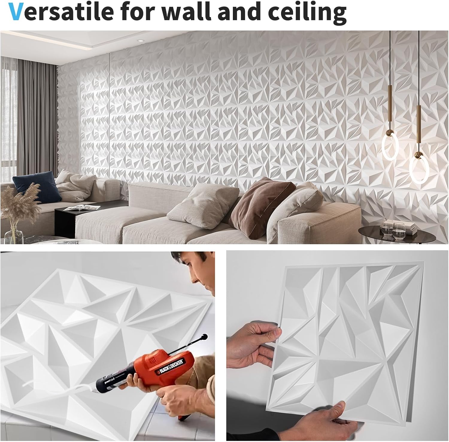 Art3d 33-Pack White 3D Diamond Textured PVC Wall Panels Modern Interior Decor