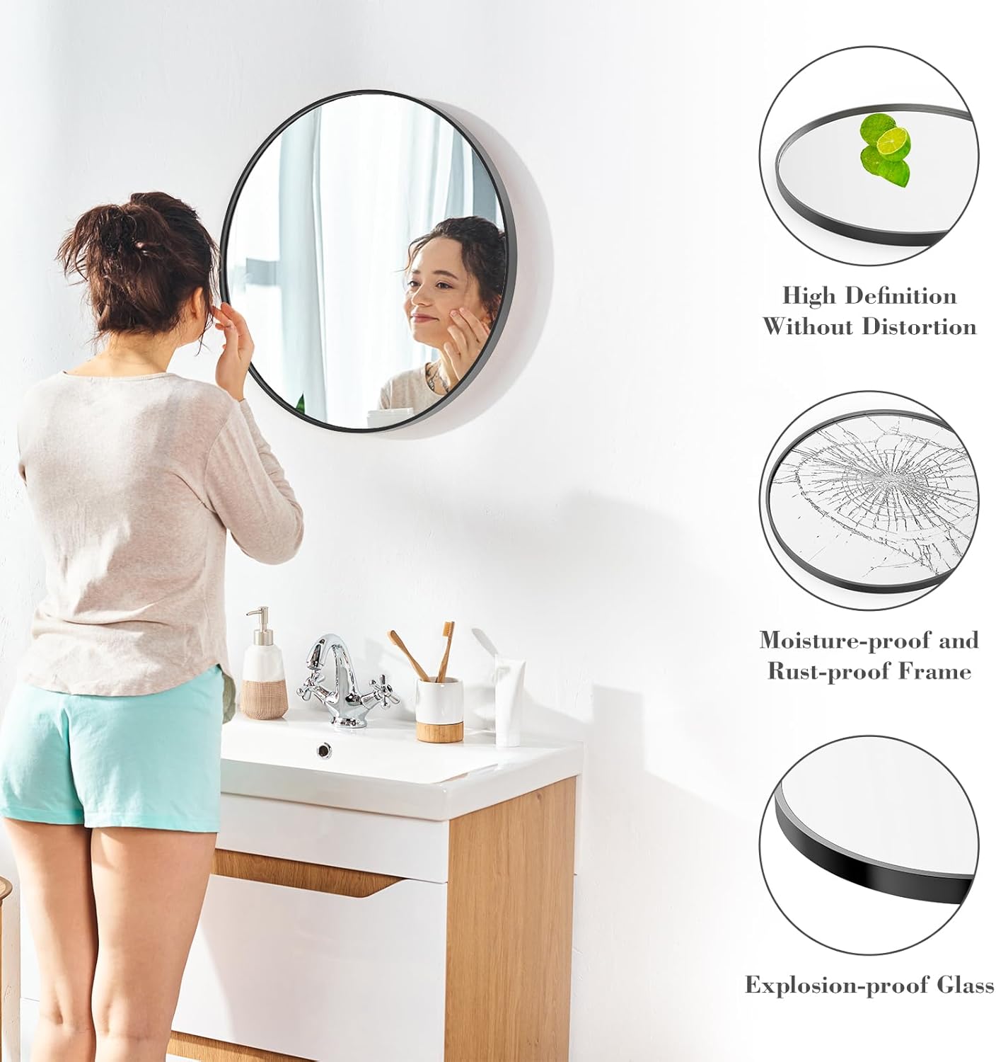 Sweetcrispy 24-Inch Round Black Wall Mirror for Bathroom, Entryway, Bedroom