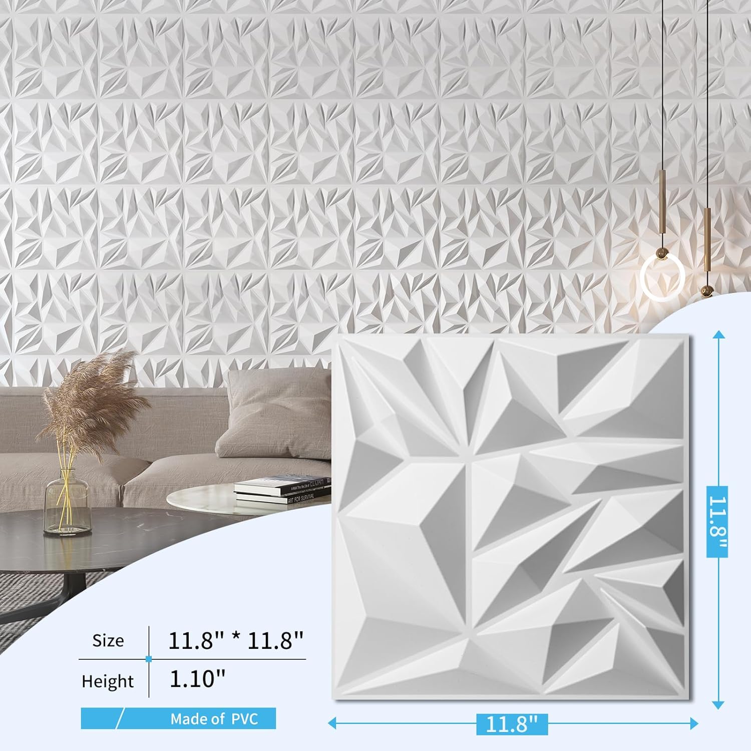 Art3d 33-Pack White 3D Diamond Textured PVC Wall Panels Modern Interior Decor