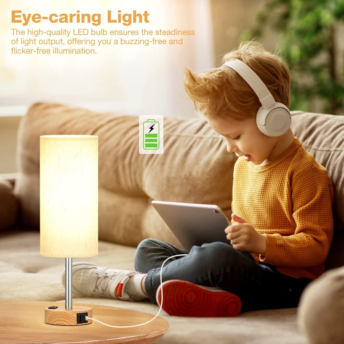 Smart Touch Dimmable Bedside Lamp with USB-C, AC Outlet, LED Bulb