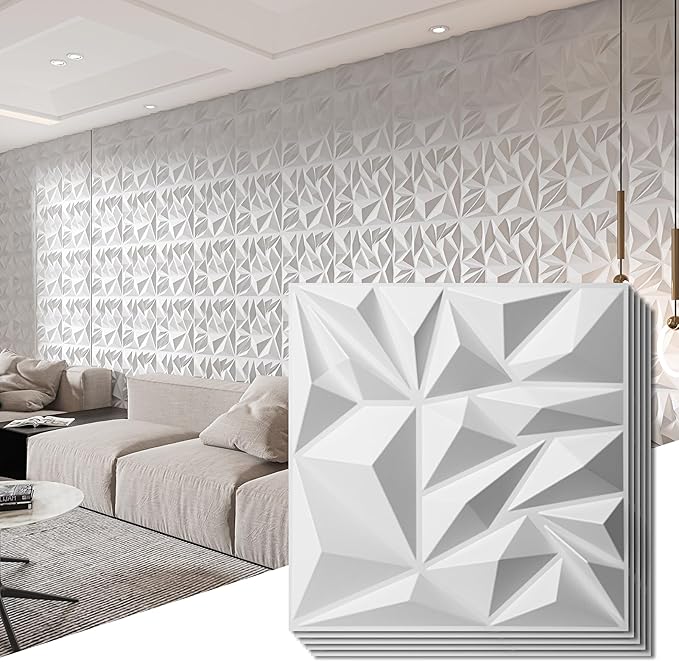 Art3d 33-Pack White 3D Diamond Textured PVC Wall Panels Modern Interior Decor