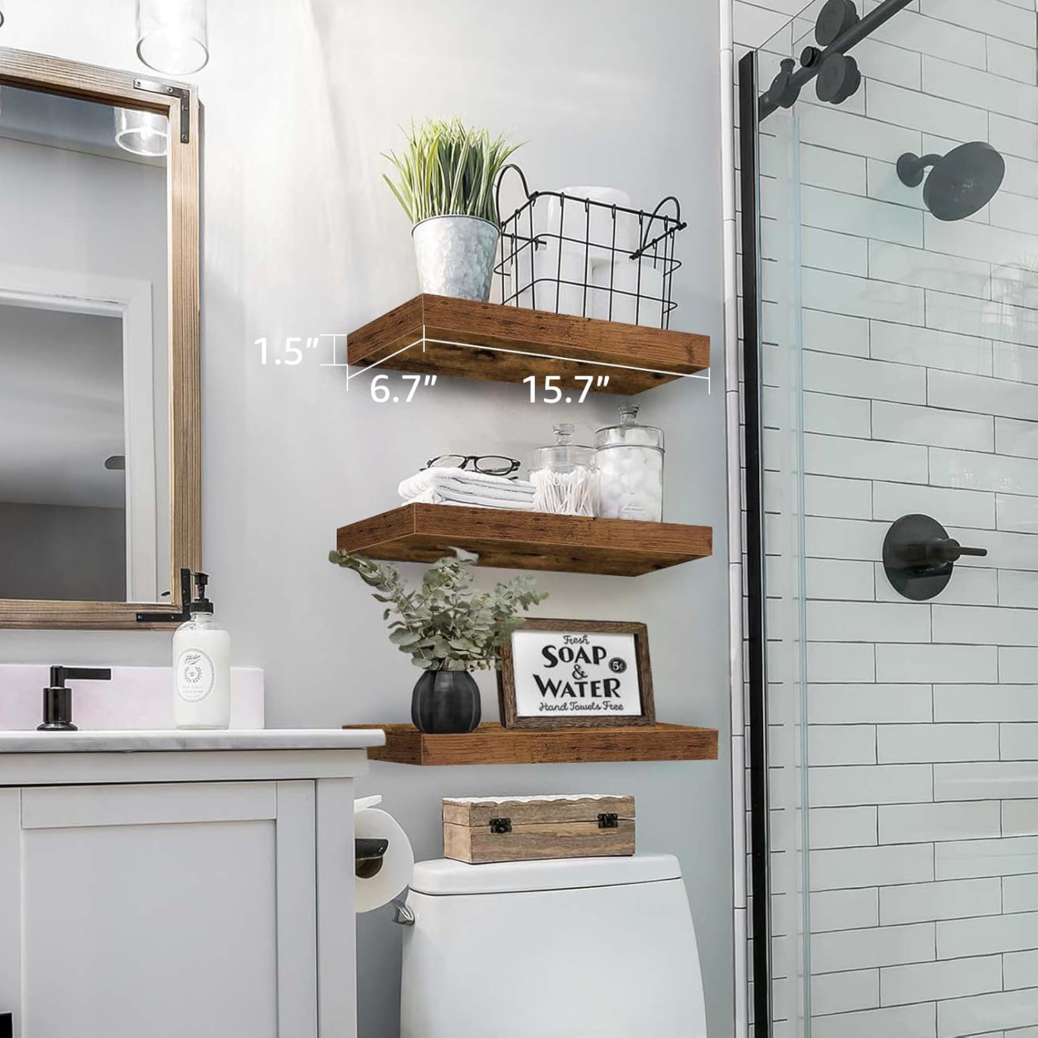 QEEIG Rustic Farmhouse 16-inch Floating Wall Shelves - Set of 3