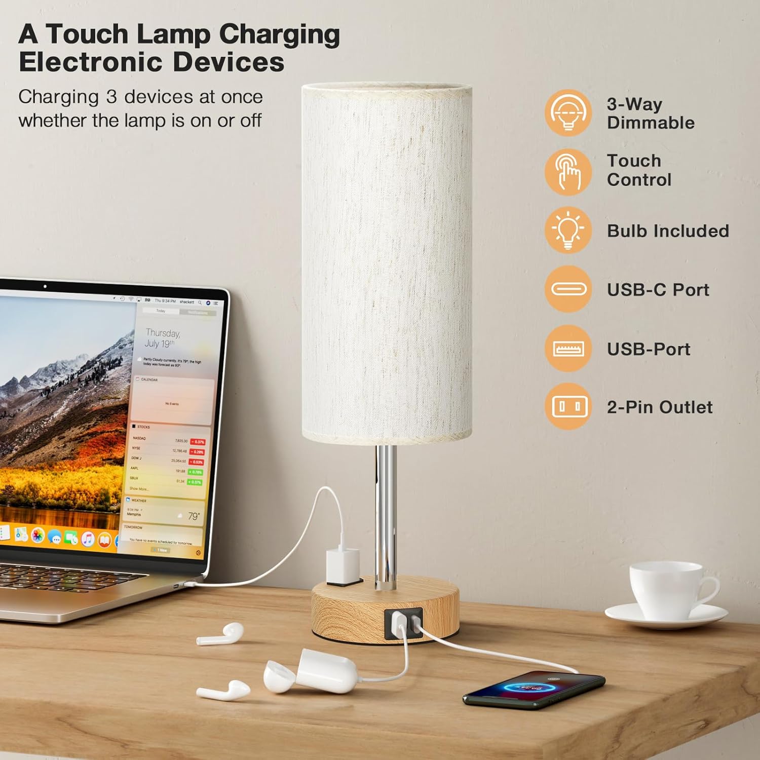 Smart Touch Dimmable Bedside Lamp with USB-C, AC Outlet, LED Bulb