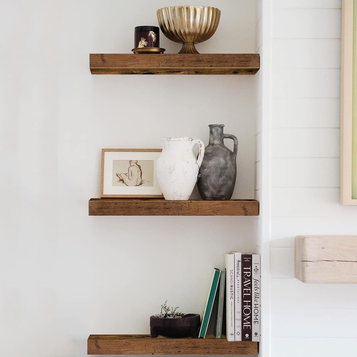 QEEIG Rustic Farmhouse 16-inch Floating Wall Shelves - Set of 3