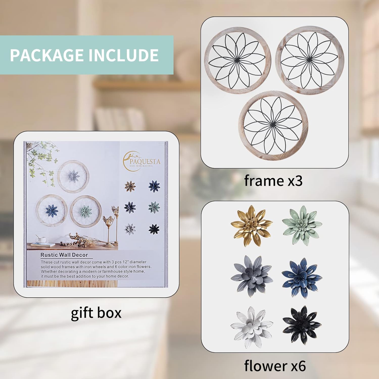 Paquesta 3-Piece Rustic Farmhouse Wall Decor with Interchangeable Metal Flowers