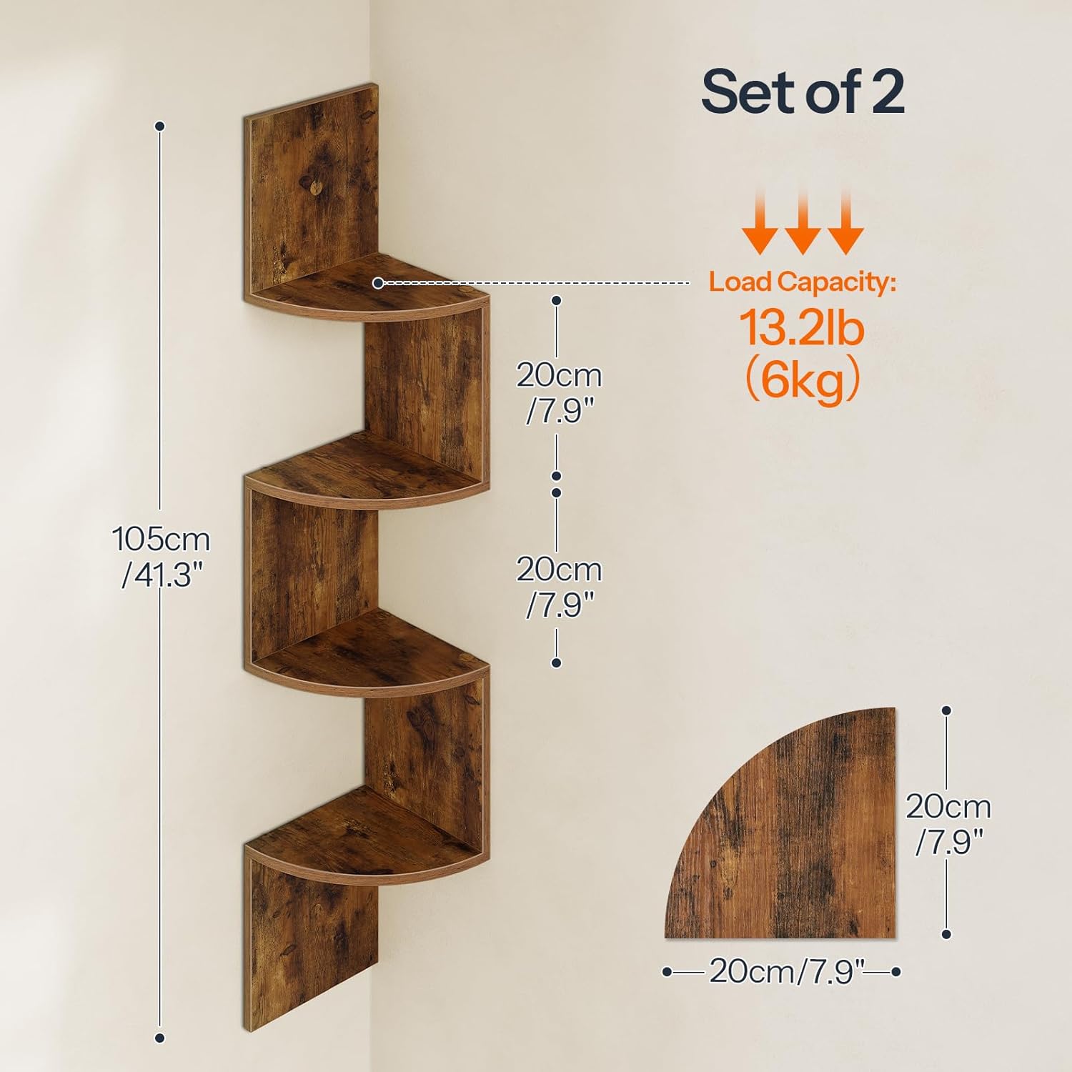 HOOBRO Rustic Floating Corner Shelves Set (2-Pack) - 4-Tier Wall Mounted Storage