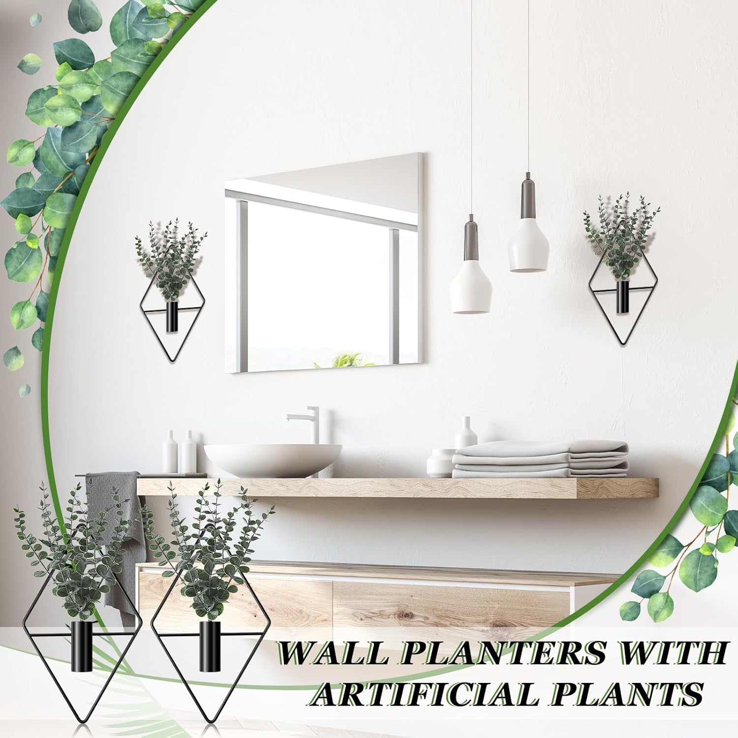 Jexine Modern Geometric Metal Hanging Planters with Faux Eucalyptus, 4-Pack Black