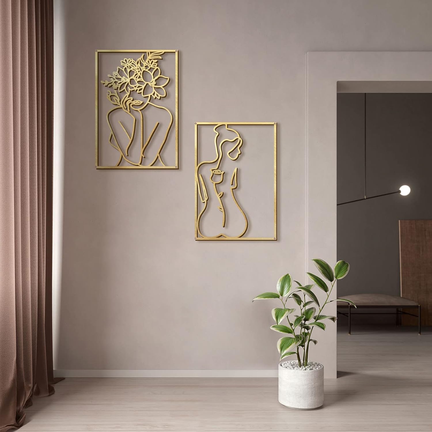 Glamativity 4-Pack Gold Minimalist Metal Line Art: Elegant Woman Body Wall Decor