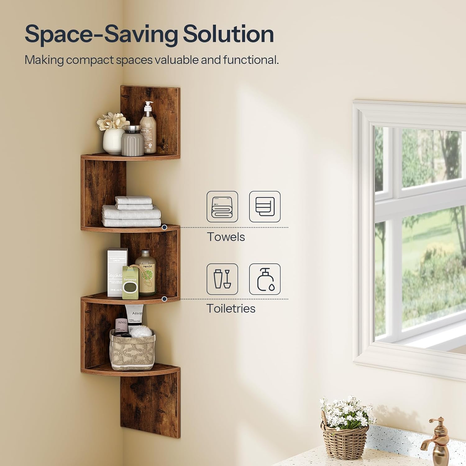 HOOBRO Rustic Floating Corner Shelves Set (2-Pack) - 4-Tier Wall Mounted Storage