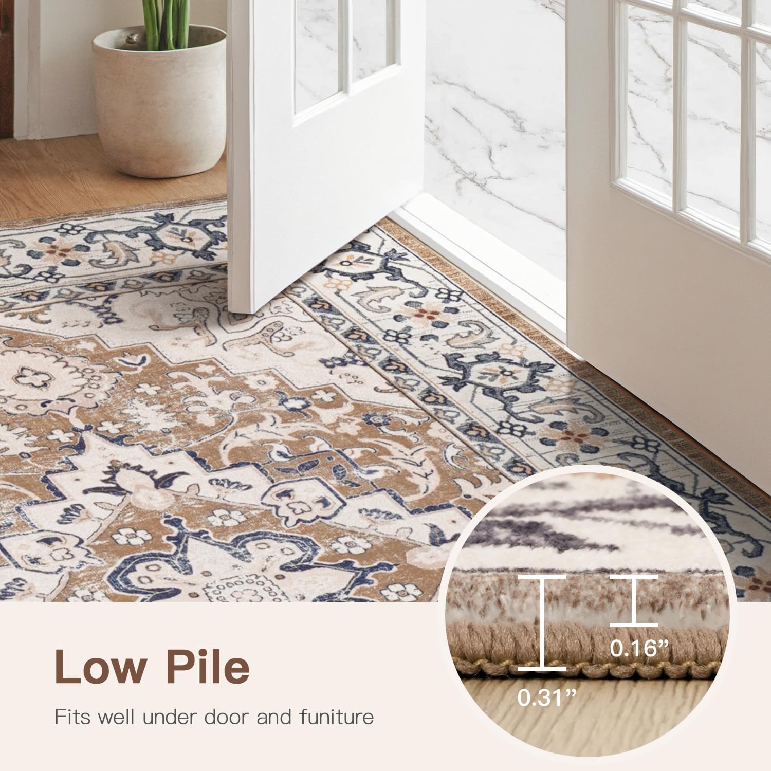 Lofus Floral Brown 5x7 Washable Area Rug: Soft Non-Slip Low Pile
