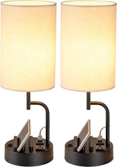 Dreamholder Dual Modern Table Lamps: USB Charging, AC Outlet, Phone Stands