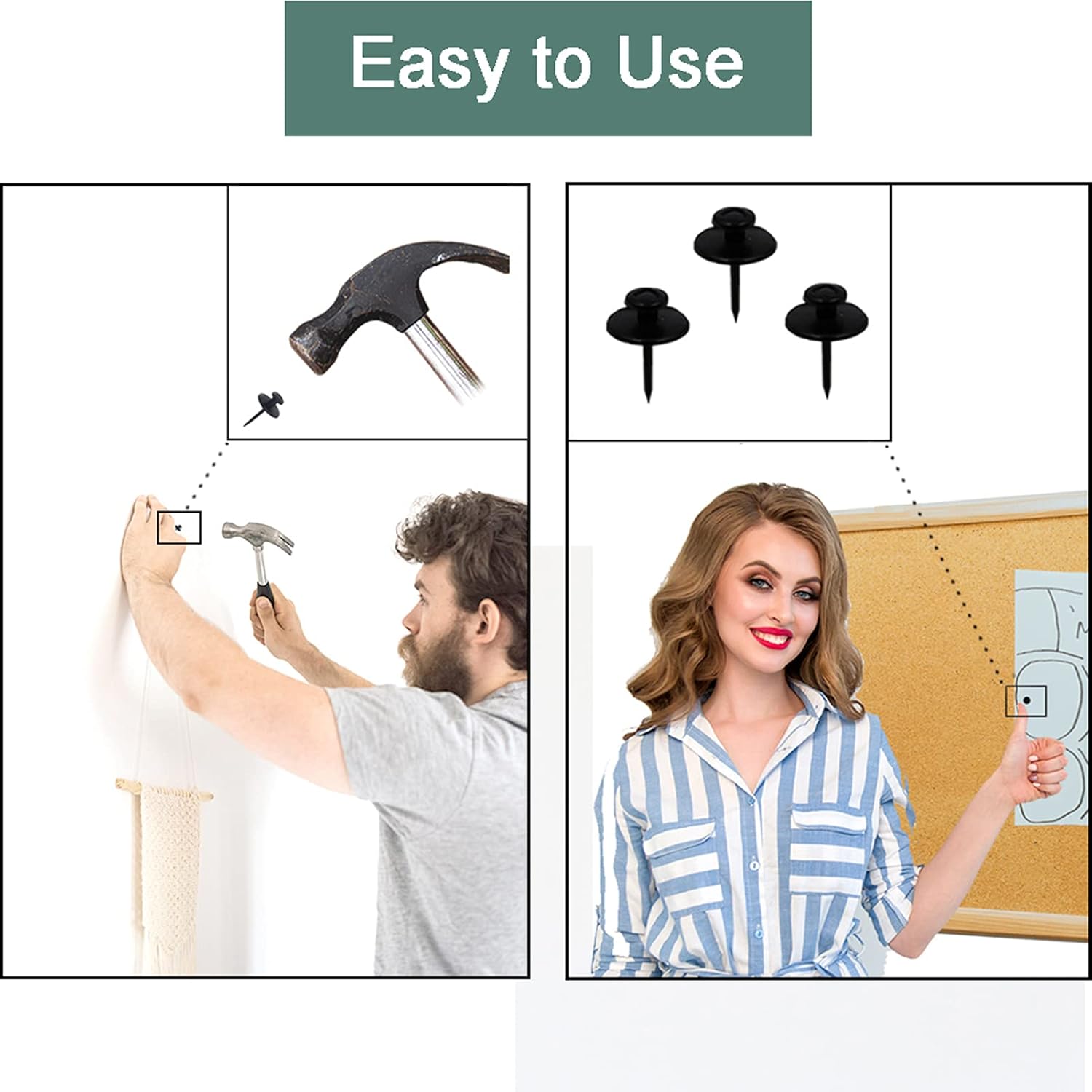 30 Black Double-Headed Push Pin Picture Hangers for Renter-Friendly Wall Decor