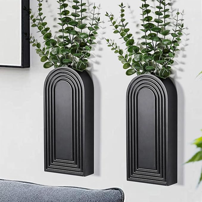 2-Pack Black Wooden Wall Vase Set Modern Farmhouse Boho Home Decor