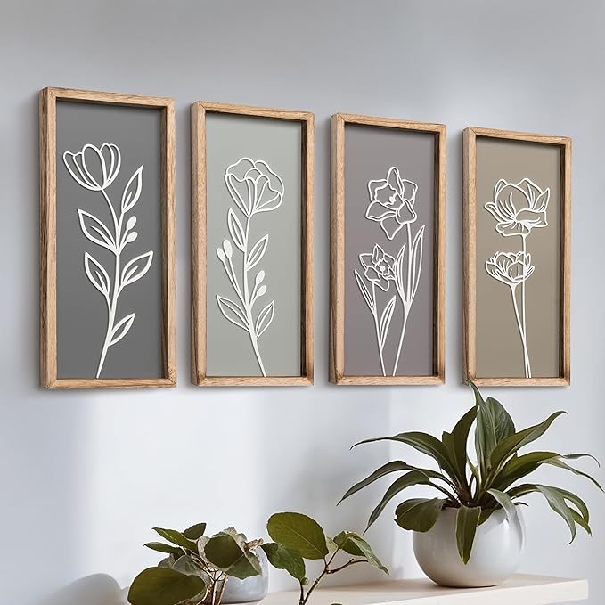 Captivating 3D Wooden Floral Wall Art (Set of 4) - Boho Farmhouse Decor