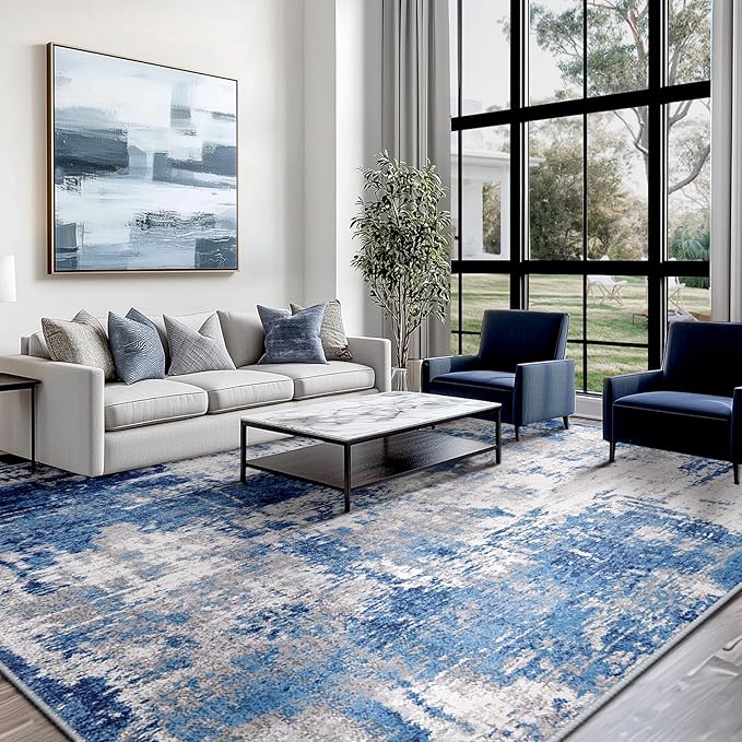 RELEANY Washable Abstract 8'x10' Area Rug, Non-Slip Soft Low-Pile Carpet, Blue-Gray