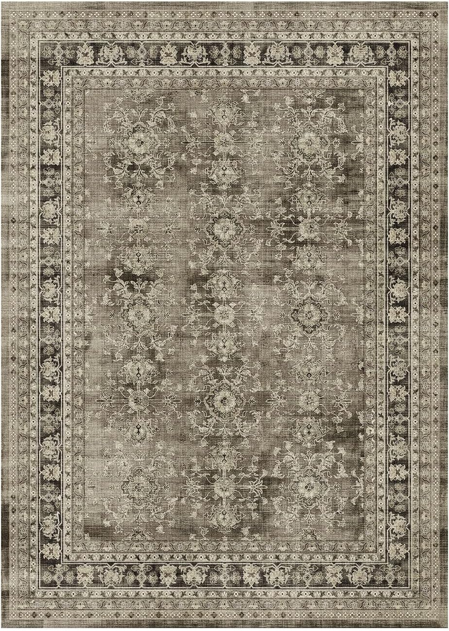 Lessymo Vintage Brown Distressed Floral Area Rug, Machine Washable Non-Slip Carpet
