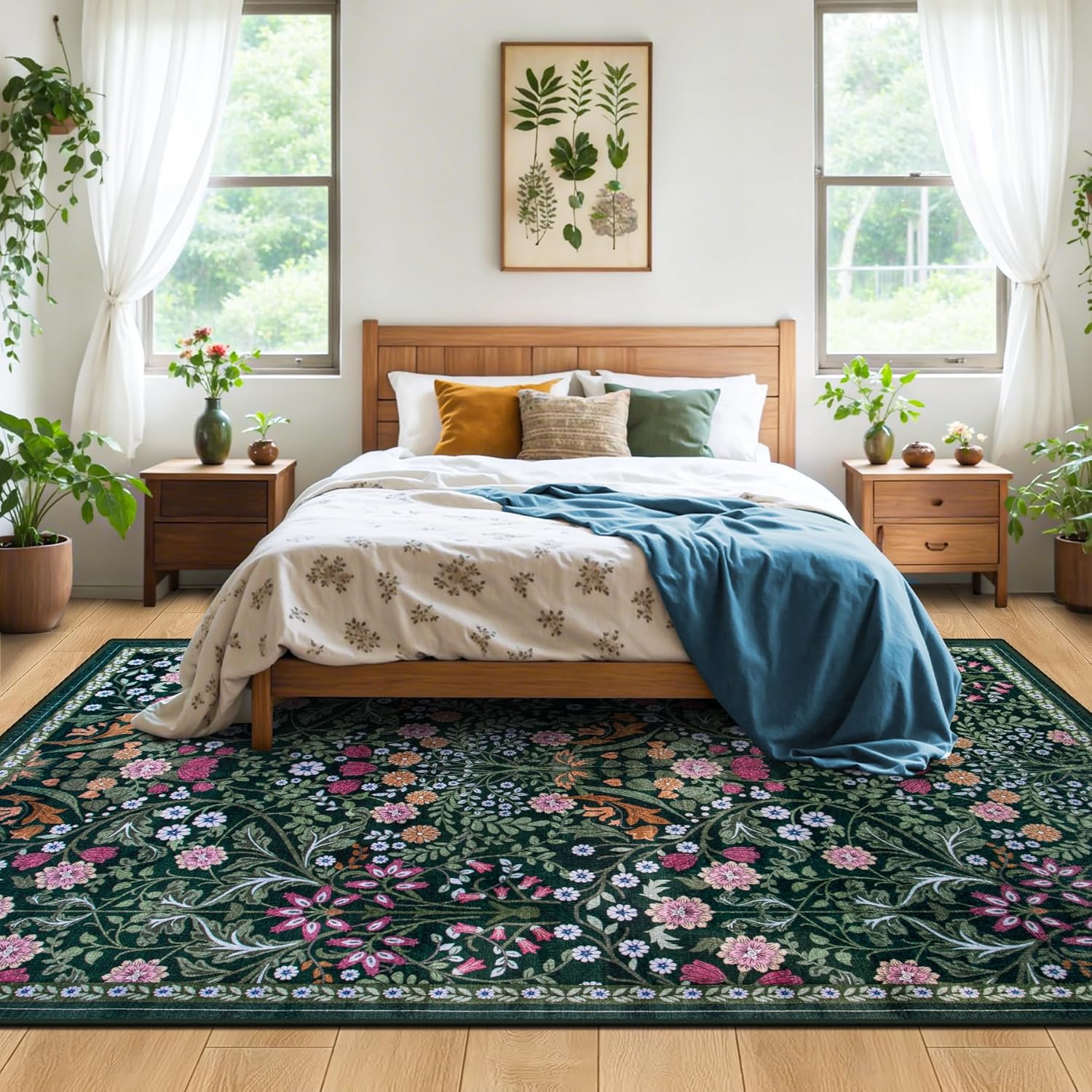Large 8x10 Floral Washable Area Rug - Vintage Boho, Soft, Non-Slip, Stain Resistant