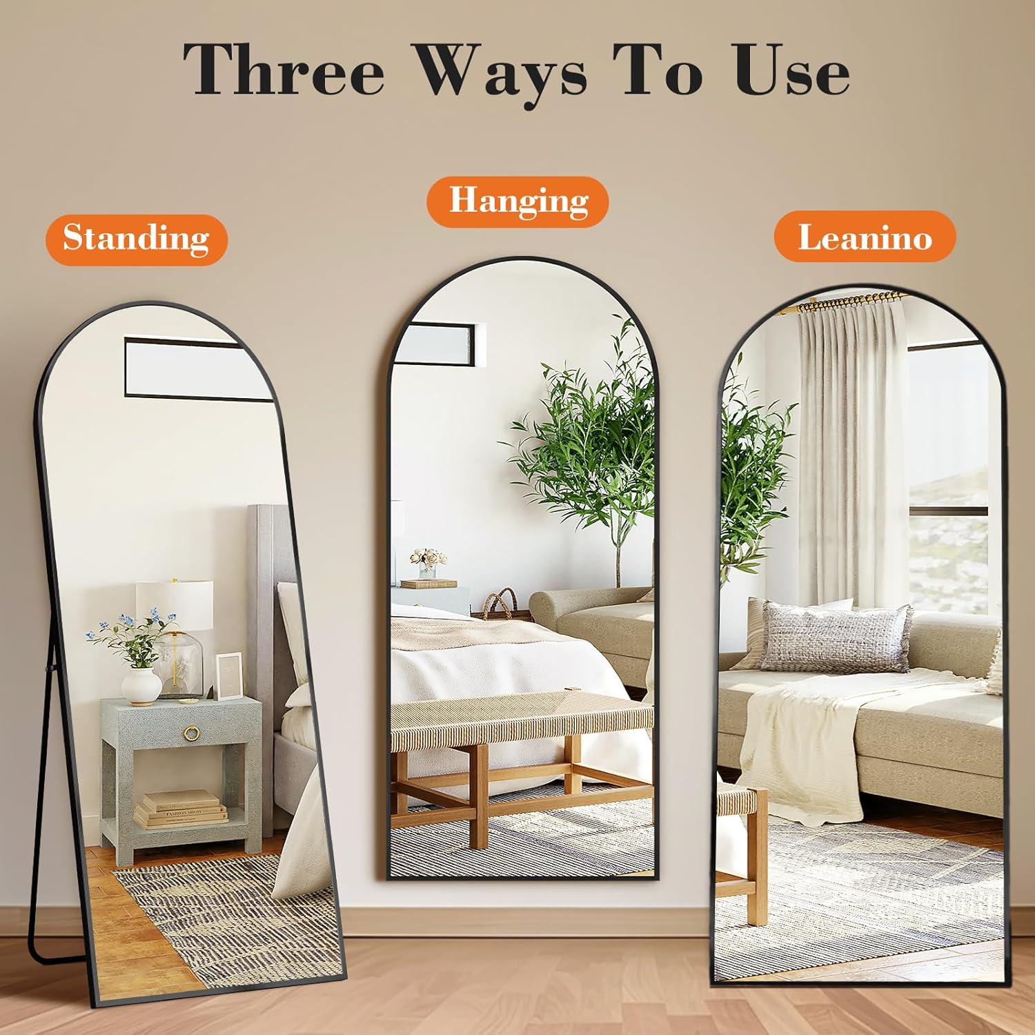 DUMOS 64x21 Arched Full-Length Mirror, Floor/Wall Mount, Shatterproof Glass