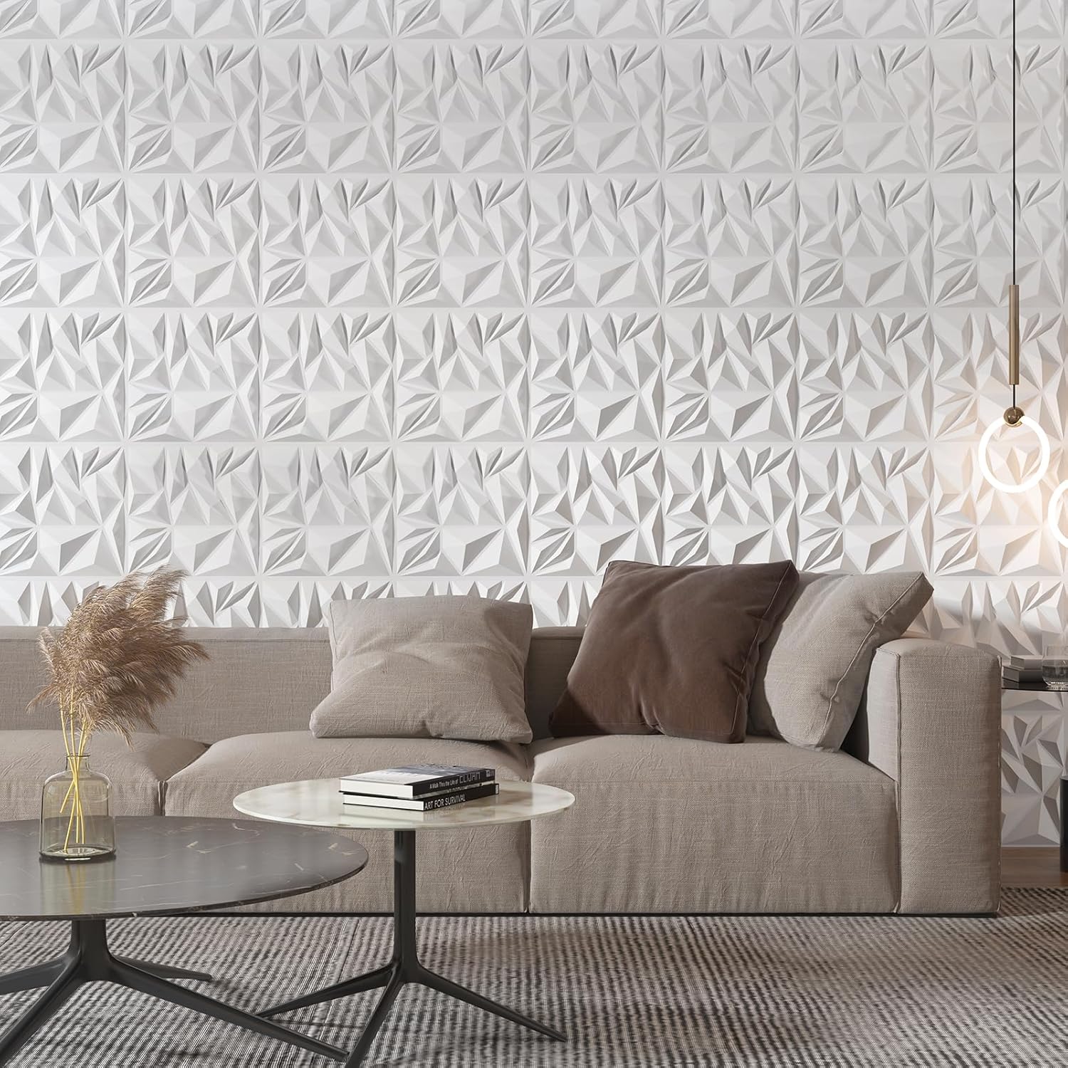 Art3d 33-Pack White 3D Diamond Textured PVC Wall Panels Modern Interior Decor