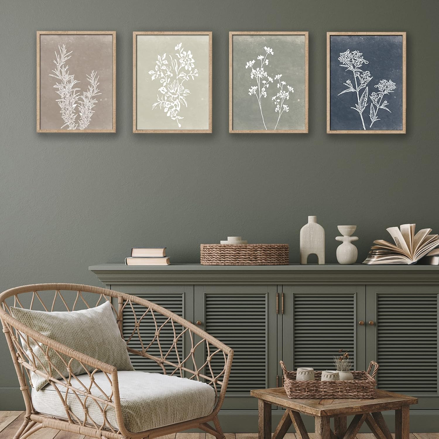 Framed Boho Botanical Wall Art Set of 4 Rustic Farmhouse Decor