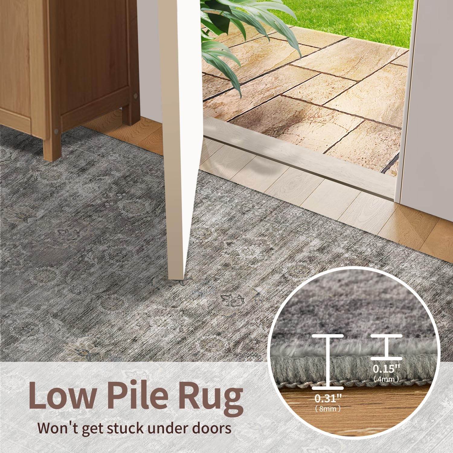 Vintage Boho Washable Faux Wool Rug, Non-Slip Low Pile, Taupe/Grey
